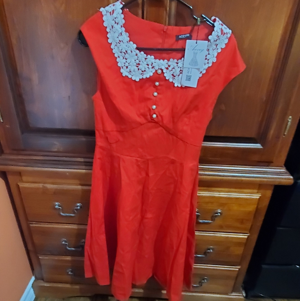 New red dress with lace collar